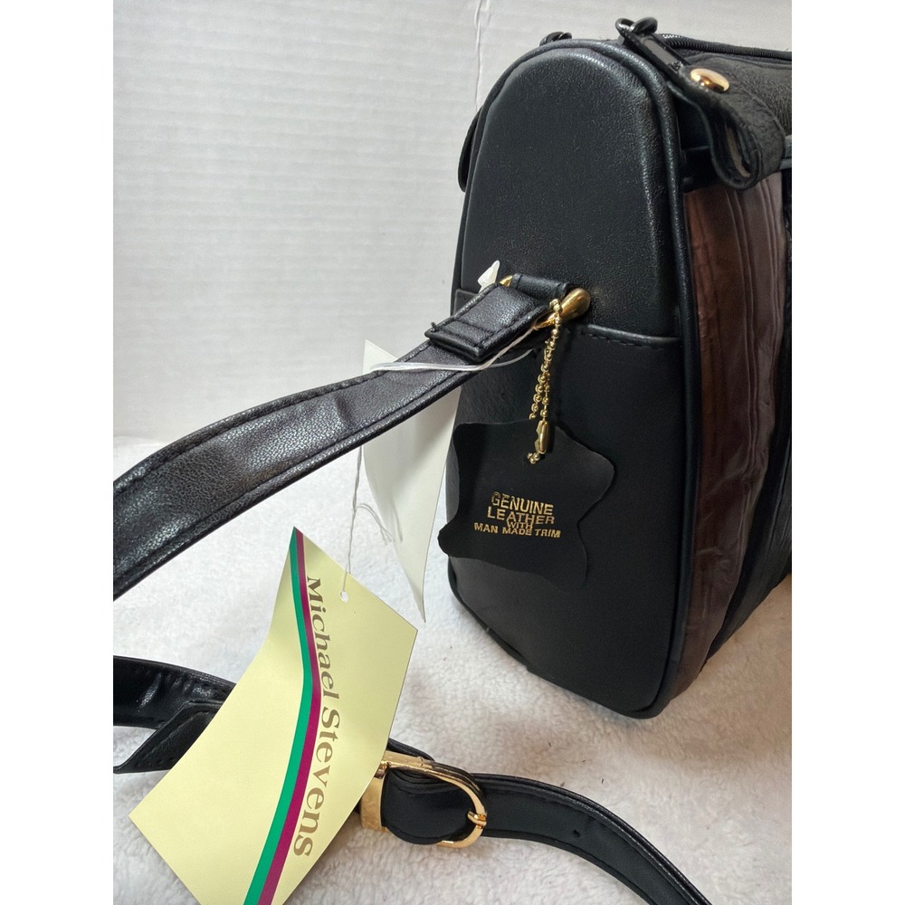 NWT VTG 90s Michael Stevens Genuine  Leather Crossbody Bag Brown Black Geometric - Picture 3 of 8
